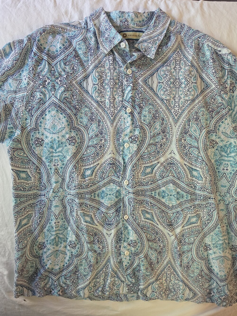 Havanera Blue Teal Paisley Linen Rayon Button Down Shirt XL